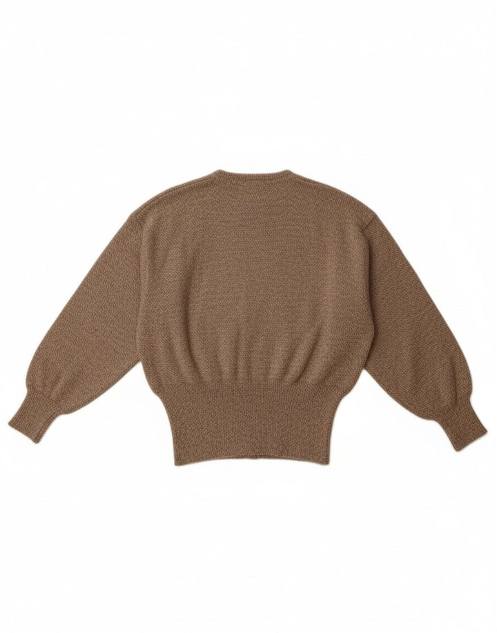 Suéter feminino vintage com gola redonda Reino Unido 14 lã marrom médio