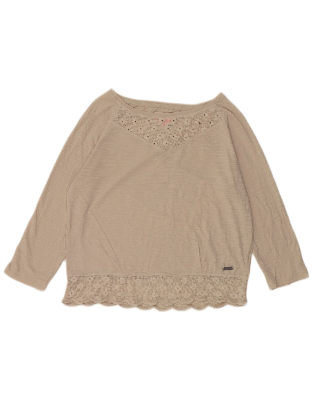 Blusa feminina Superdry manga 3/4 top UK 12 algodão bege médio