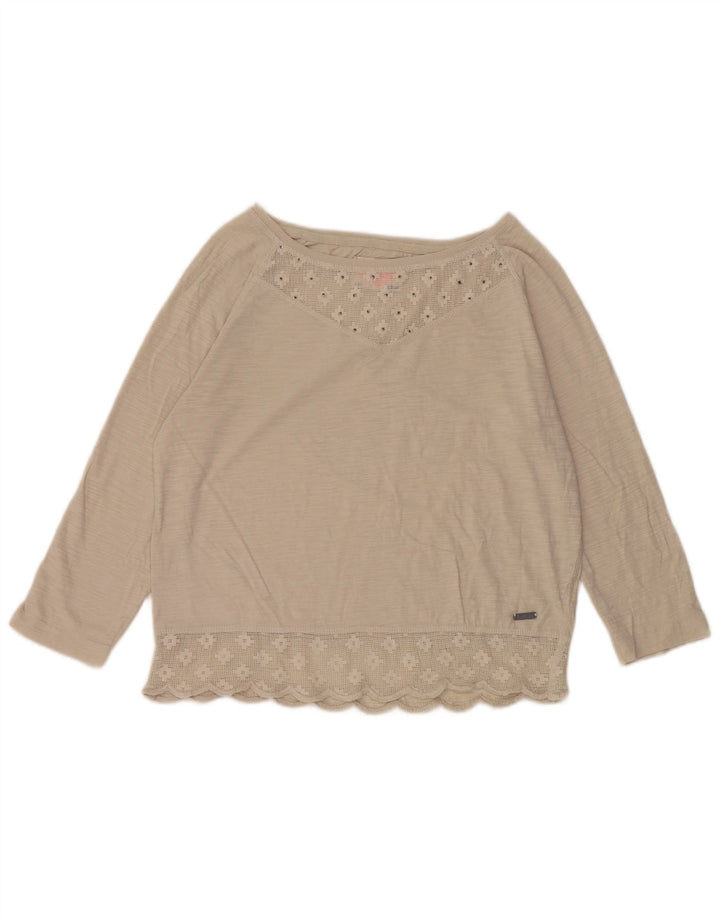 Blusa feminina Superdry manga 3/4 top UK 12 algodão bege médio