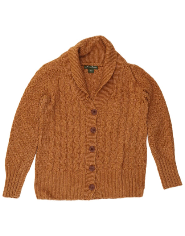Suéter cardigã feminino grande EDDIE BAUER Reino Unido 10 lã de cordeiro marrom pequena