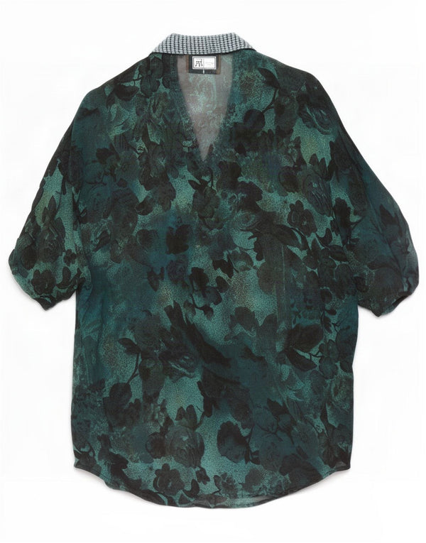 Blusa feminina vintage de manga curta UK 14 verde médio floral