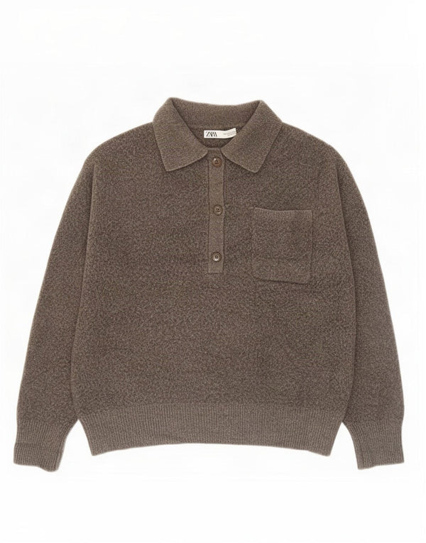 Zara Suéter feminino com gola polo e gola polo Reino Unido 16 grande poliéster cinza