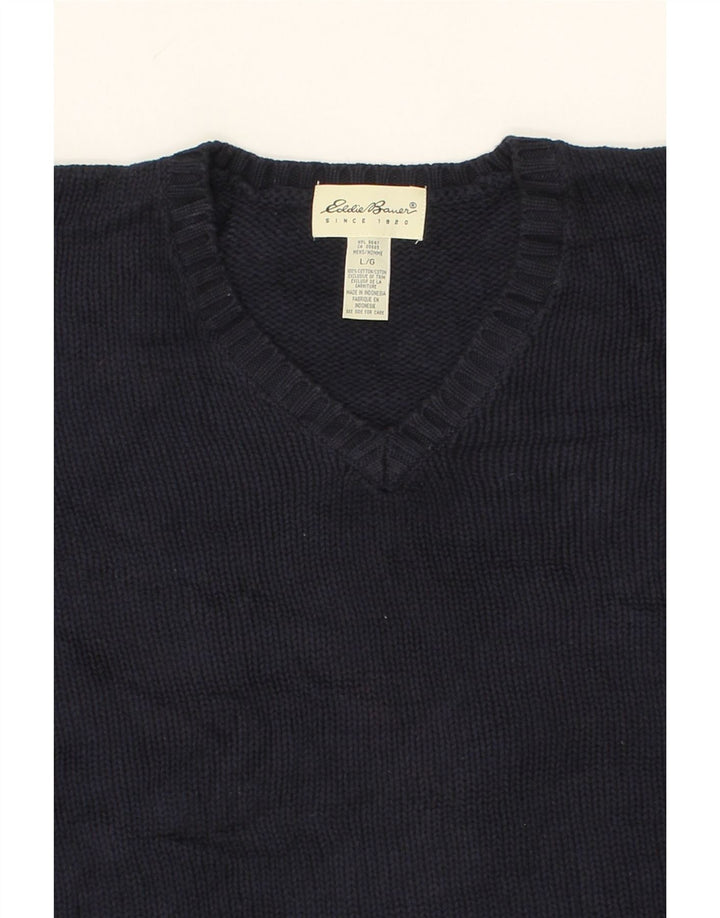 EDDIE BAUER Mens Loose Fit V-Neck Jumper Sweater Large Navy Blue Cotton Vintage Eddie Bauer and Second-Hand Eddie Bauer from Messina Hembry 