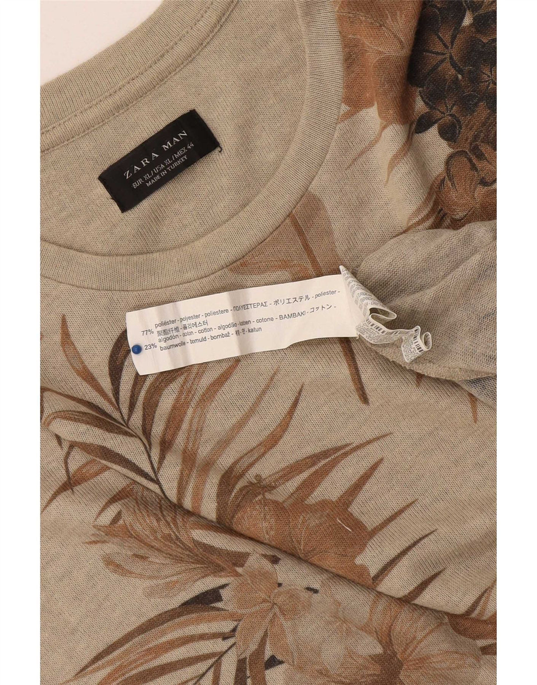 Zara Camiseta masculina gráfica Top XL Bege Floral Poliéster