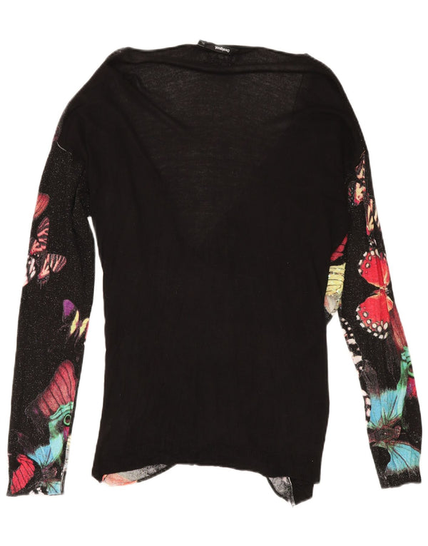 DESIGUAL Top gráfico feminino manga comprida UK 18 XL preto viscose borboleta