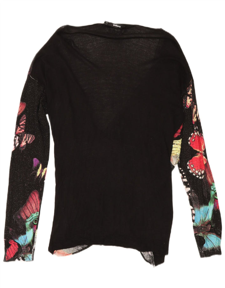 DESIGUAL Top gráfico feminino manga comprida UK 18 XL preto viscose borboleta