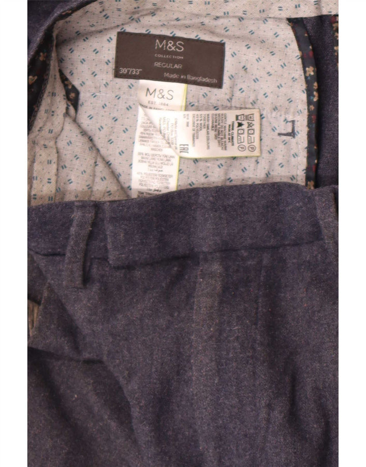 Calça masculina de terno reto Marks & Spencer W30 L27 lã azul marinho