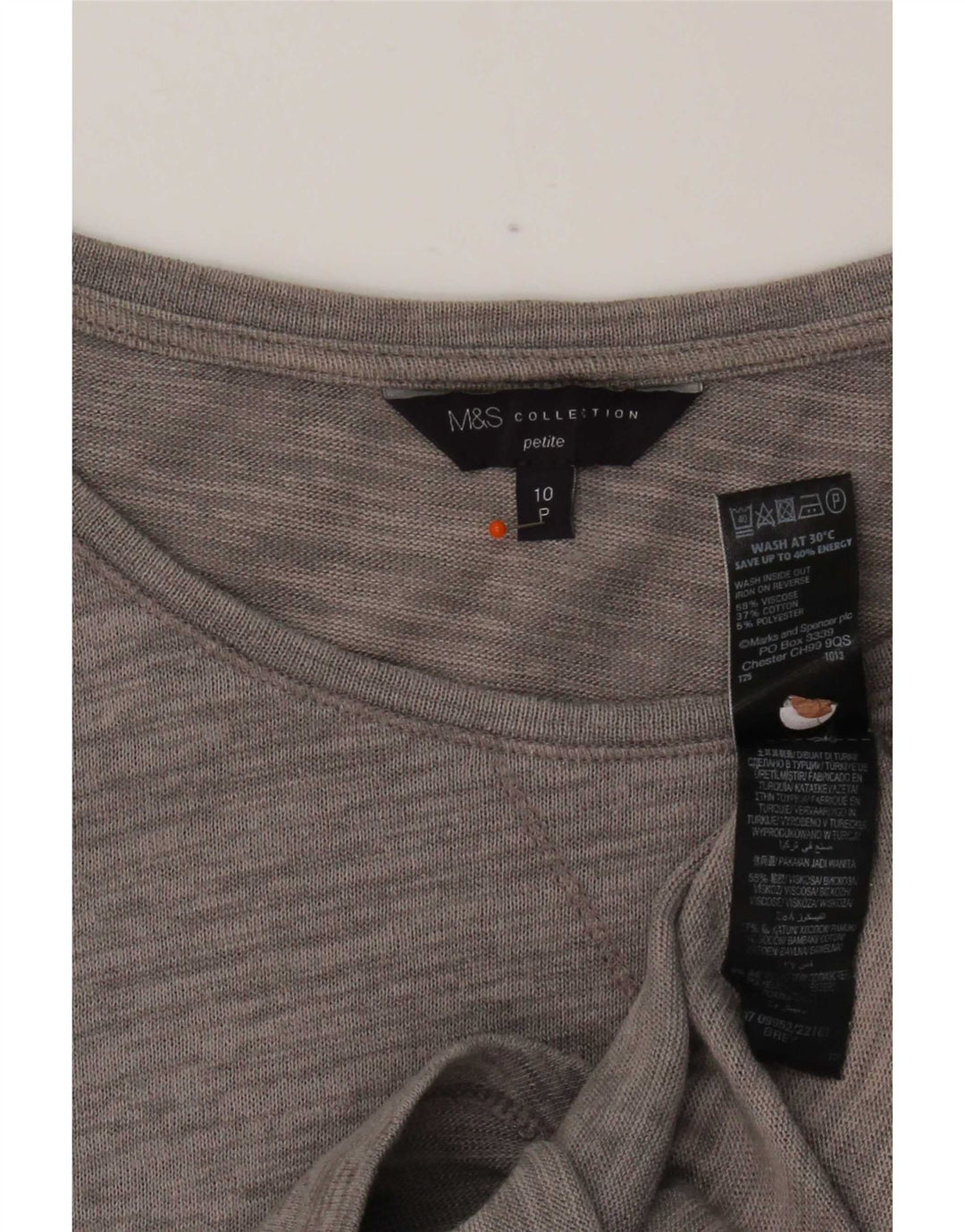 Top feminino Marks & Spencer manga 3/4 Reino Unido 10 viscose manchada cinza pequena