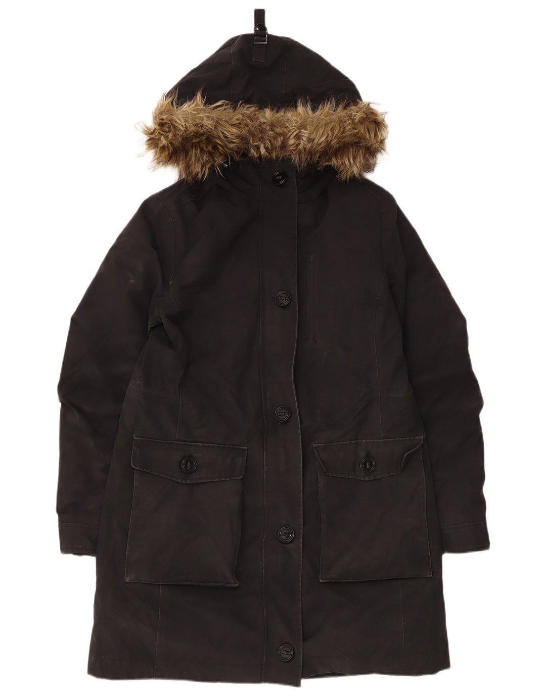 Sobretudo feminino Marks & Spencer com capuz UK 12 poliéster preto médio