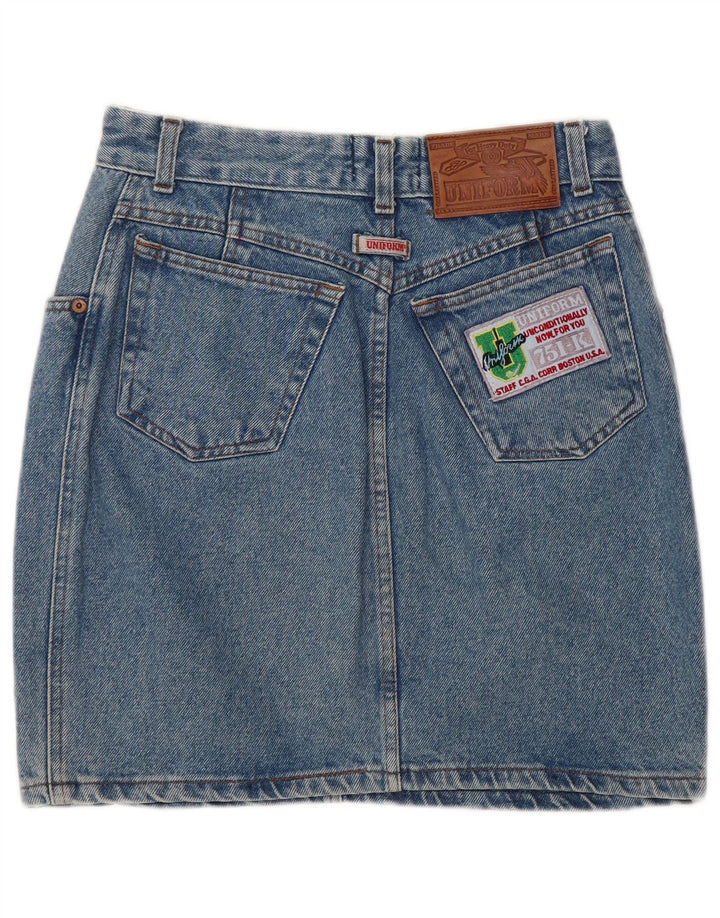 Saia jeans feminina uniforme W28 algodão azul médio