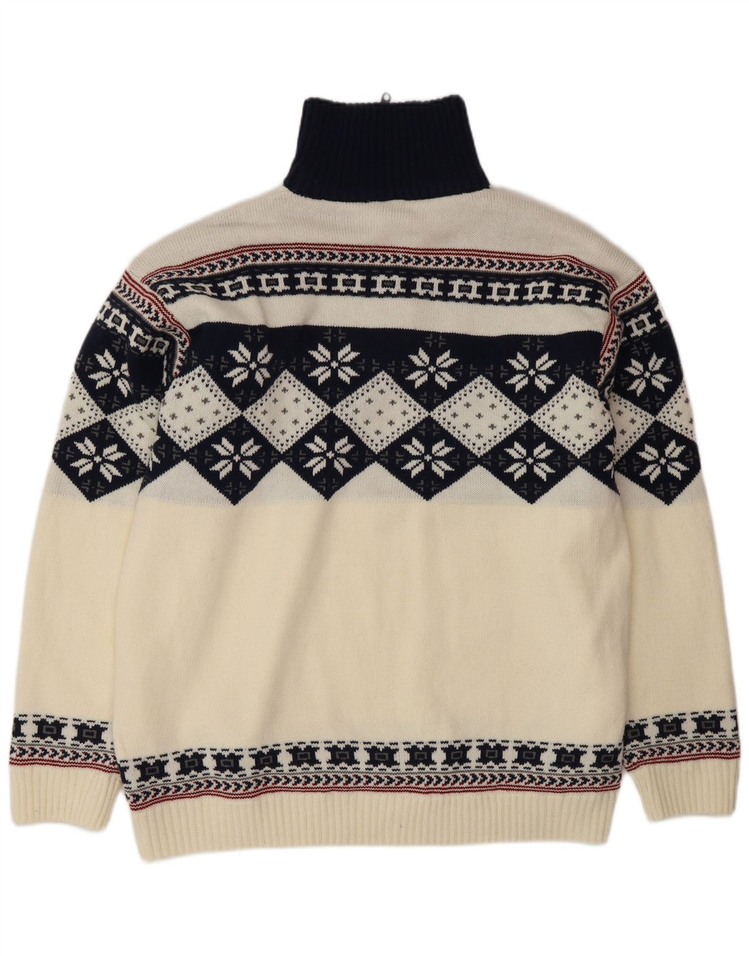 Suéter masculino vintage com zíper e gola grande branco Fair Isle poliacrílico