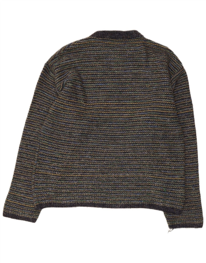 Suéter vintage masculino com gola redonda, grande lã listrada multicolorida