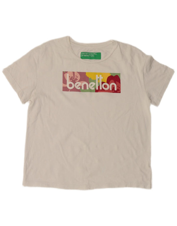 Camiseta feminina gráfica Benetton UK 14 algodão branco médio