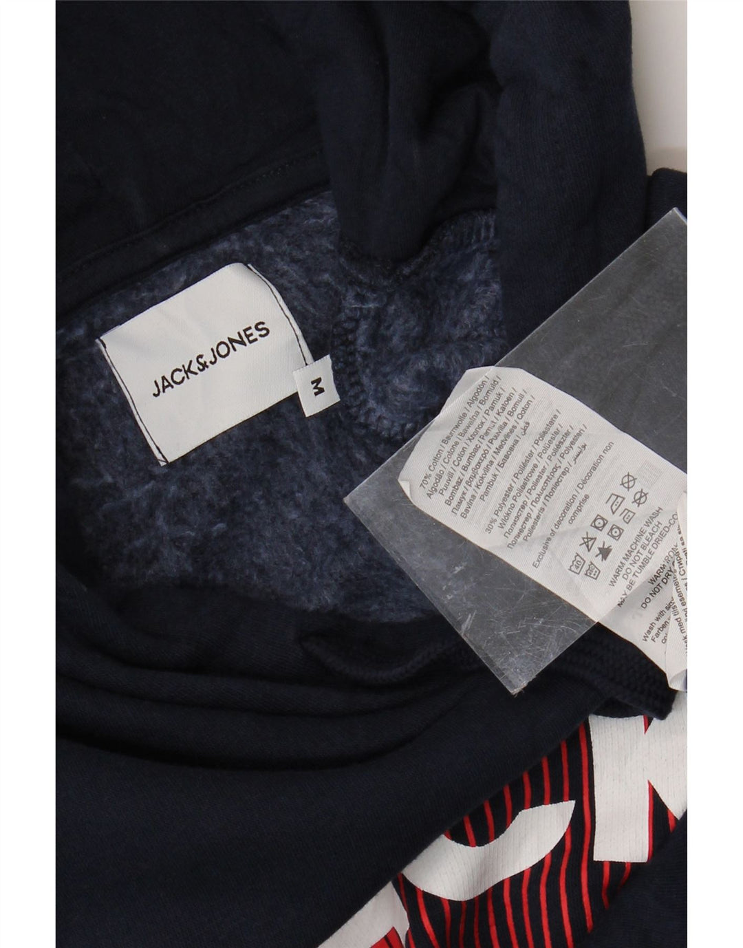 JACK & JONES Mens Graphic Hoodie Jumper Medium Navy Blue Cotton Vintage Jack & Jones and Second-Hand Jack & Jones from Messina Hembry 