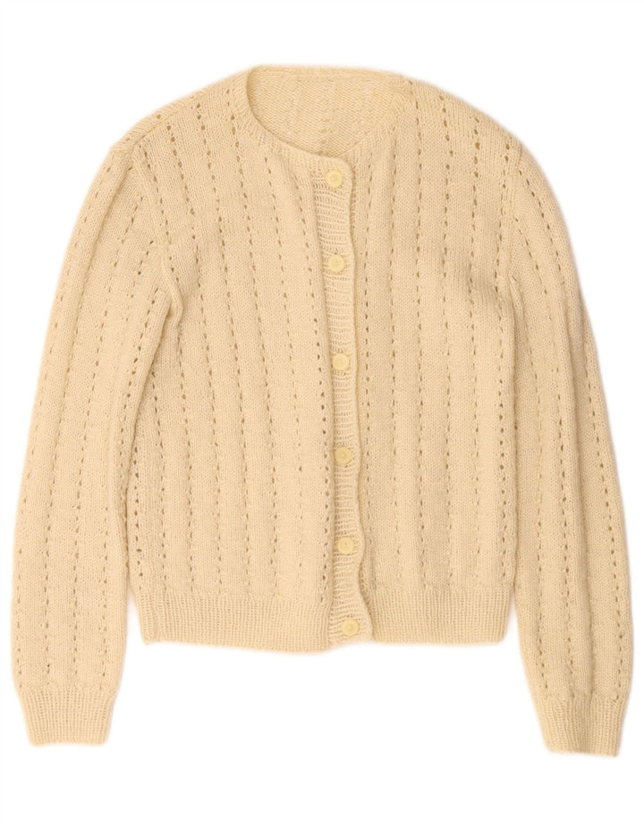 Suéter cardigã feminino vintage UK 10 pequeno bege