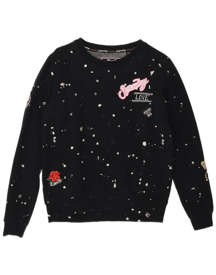 Jumper de moletom feminino superdimensionado SUPERDRY Reino Unido 10 pequeno preto manchado