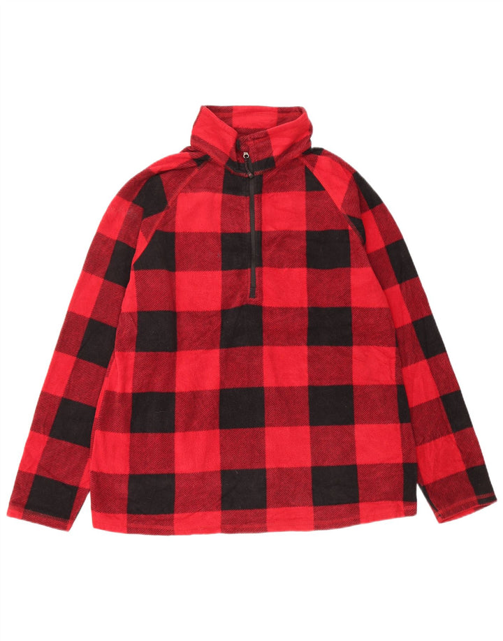 EDDIE BAUER Suéter feminino de lã com gola e zíper Reino Unido 16 grande poliéster xadrez vermelho