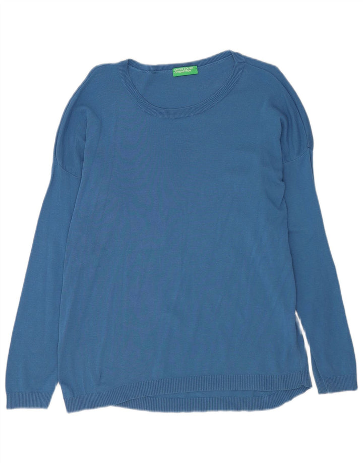 Suéter feminino Benetton com gola redonda UK 14 algodão azul médio