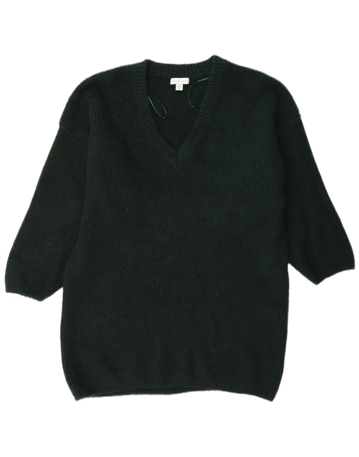 Topshop suéter feminino longline com decote em V Reino Unido 14 poliéster verde médio