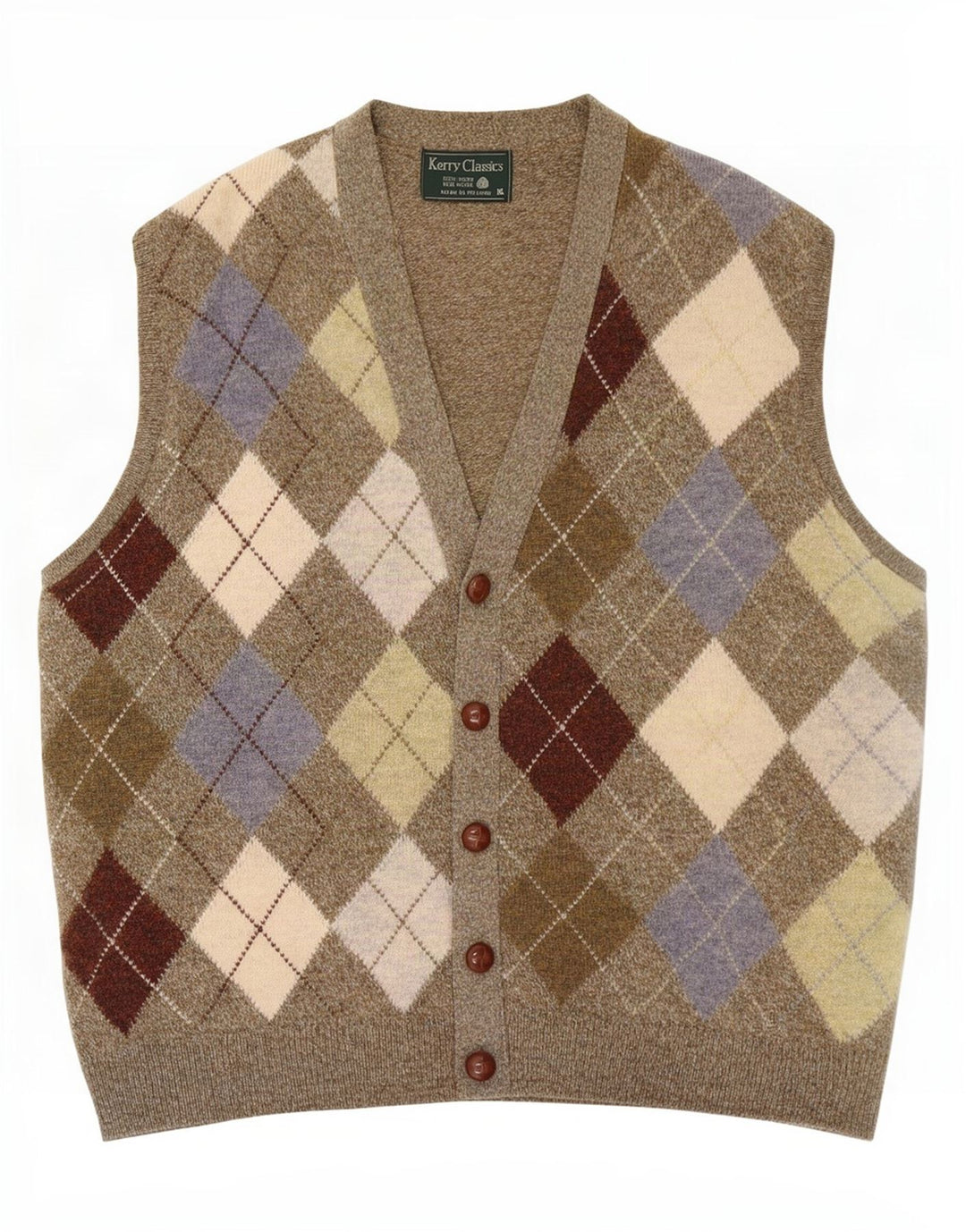 Suéter cardigã masculino Kerry Classics sem mangas XL cáqui Argyle/Diamante