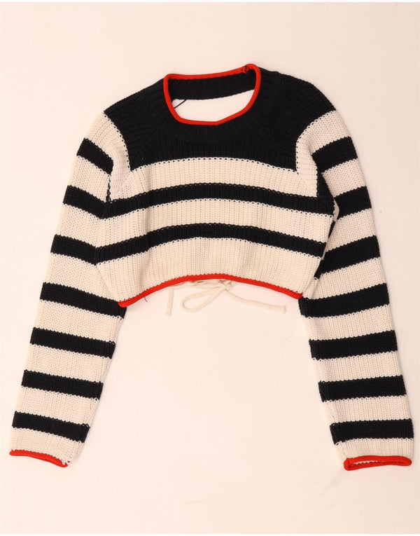 Zara Suéter feminino cropped com gola canoa UK 14 listrado preto médio