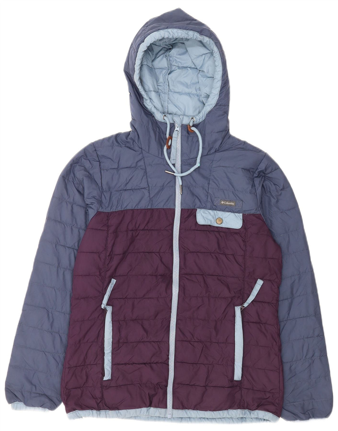 Columbia Jaqueta masculina acolchoada com capuz UK 36 poliéster colorblock azul pequeno