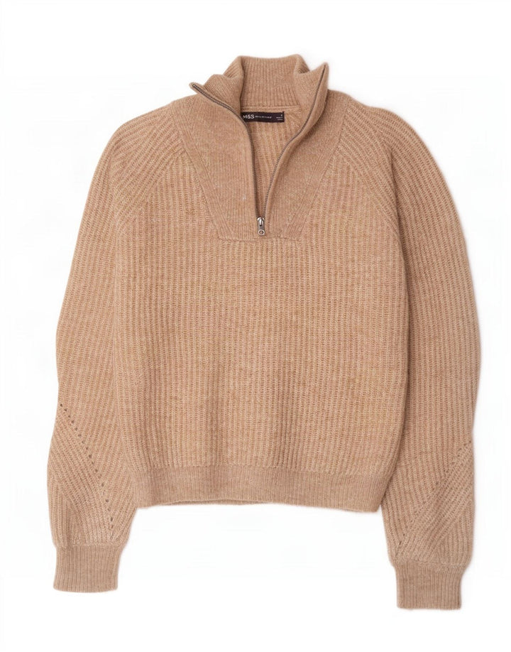 Suéter feminino Marks & Spencer com zíper e gola redonda Reino Unido 10 pequeno marrom manchado