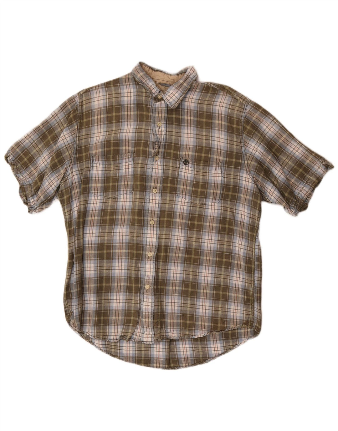 Camisa masculina de manga curta Timberland, linho xadrez cáqui médio