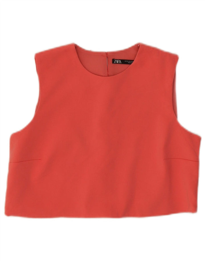 Zara Top curto feminino sem mangas UK 12 algodão rosa médio