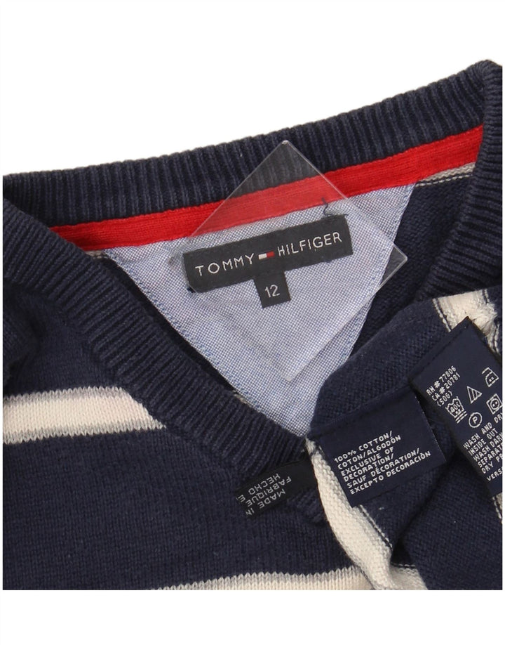 TOMMY HILFIGER Suéter masculino com decote em V 11-12 anos listrado azul marinho