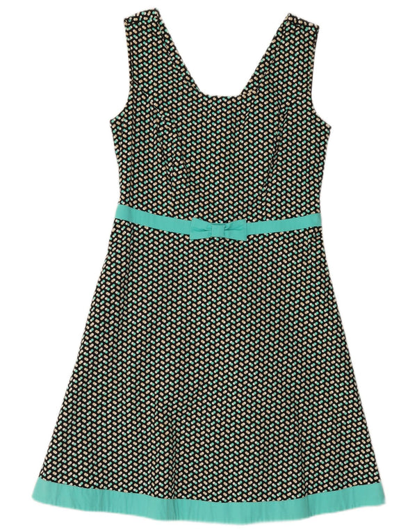 Vestido feminino vintage sem mangas evasê UK 12 verde médio manchado