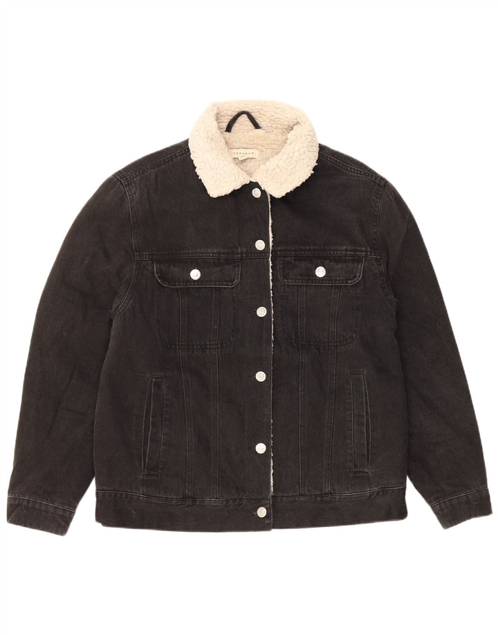 Jaqueta jeans feminina Sherpa de grandes dimensões da Topshop Reino Unido 8 pequena preta clássica