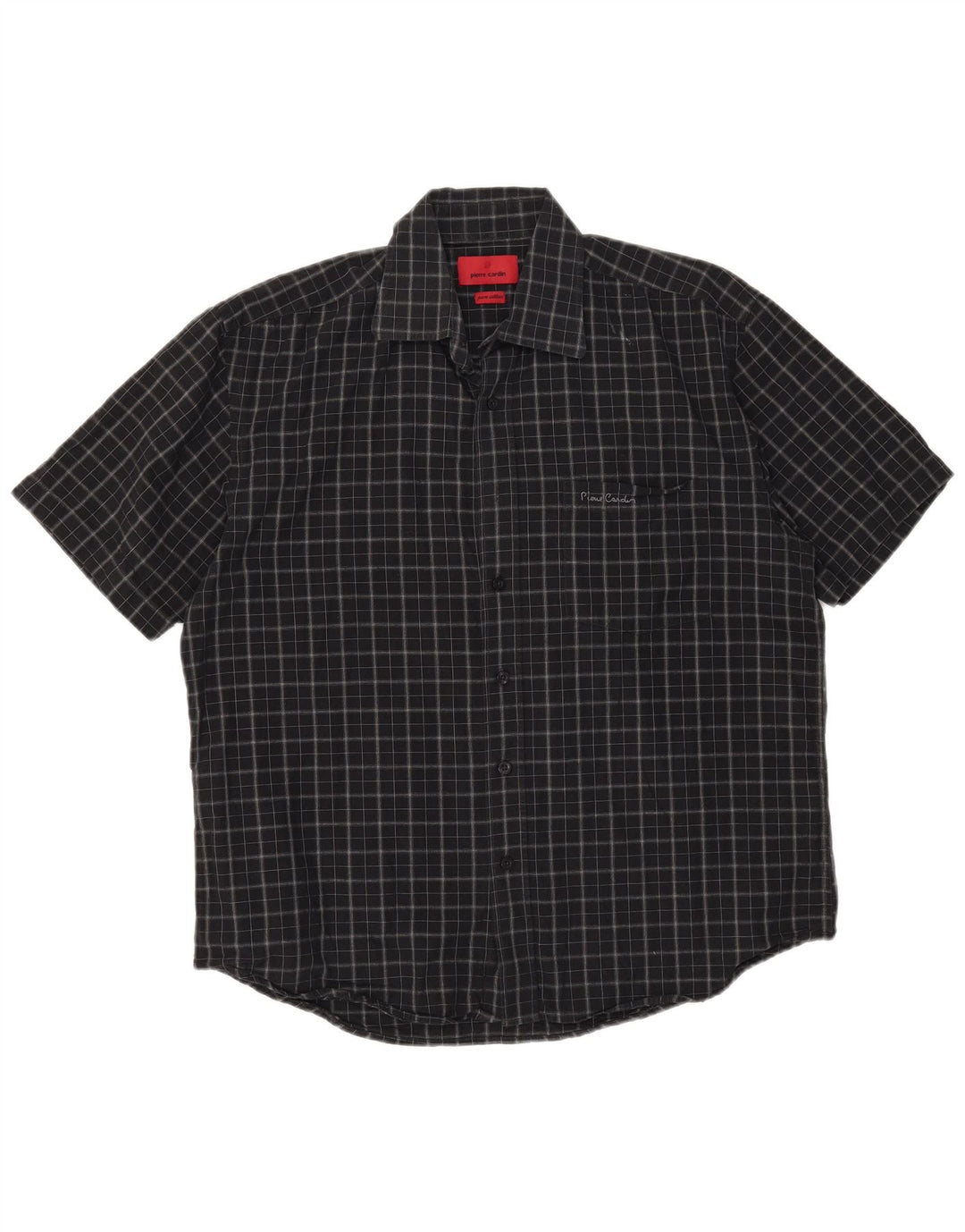 Camisa masculina de manga curta Pierre Cardin, algodão xadrez preto médio