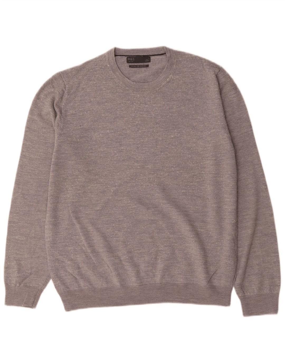 Suéter masculino Marks & Spencer com gola redonda, lã merino cinza grande