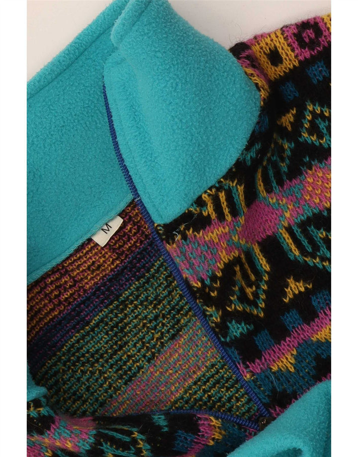 Suéter vintage masculino de lã com zíper e pescoço médio azul geométrico