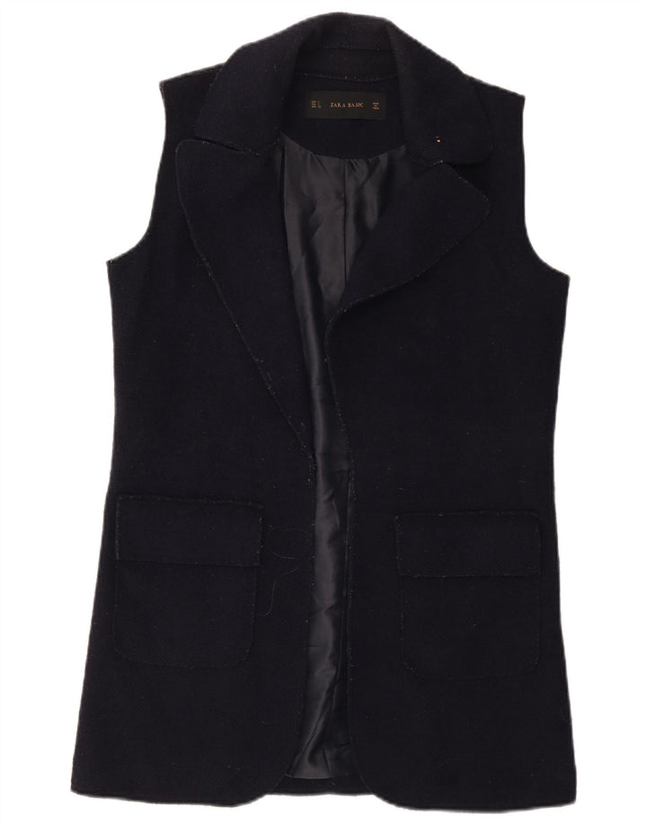 Zara Womens Longline Open Gilet UK 10 Pequeno Lã Azul Marinho