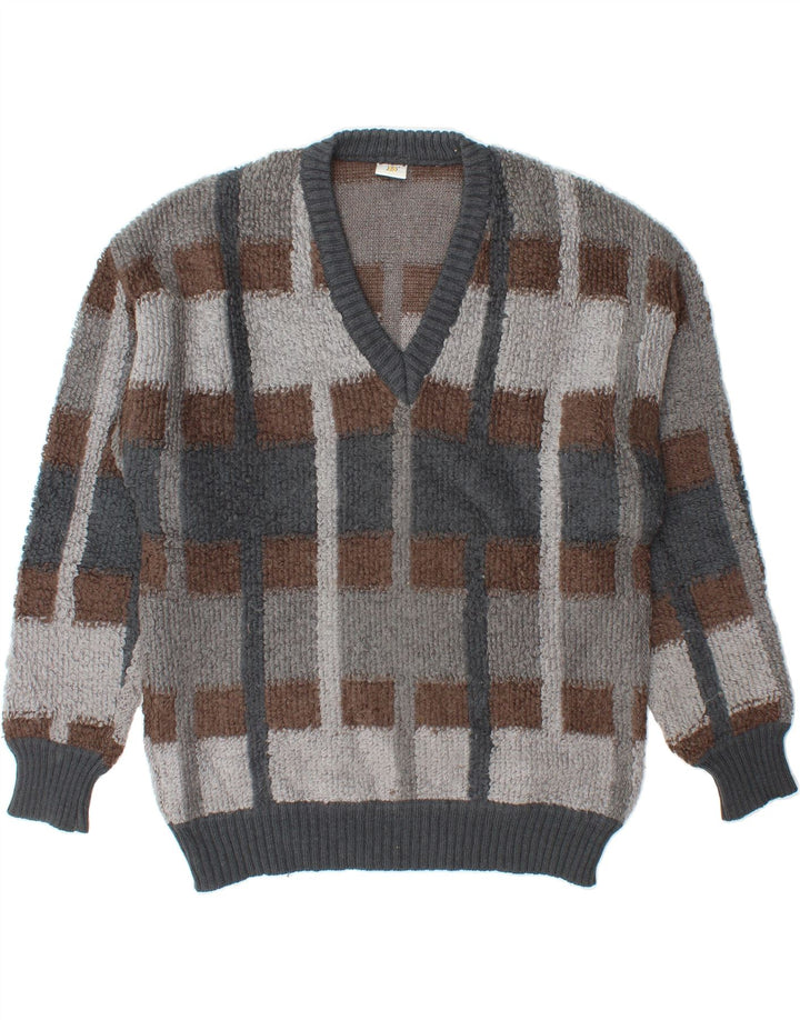 VINTAGE Mens V-Neck Jumper Sweater Medium Grey Geometric Acrylic Vintage Vintage and Second-Hand Vintage from Messina Hembry 