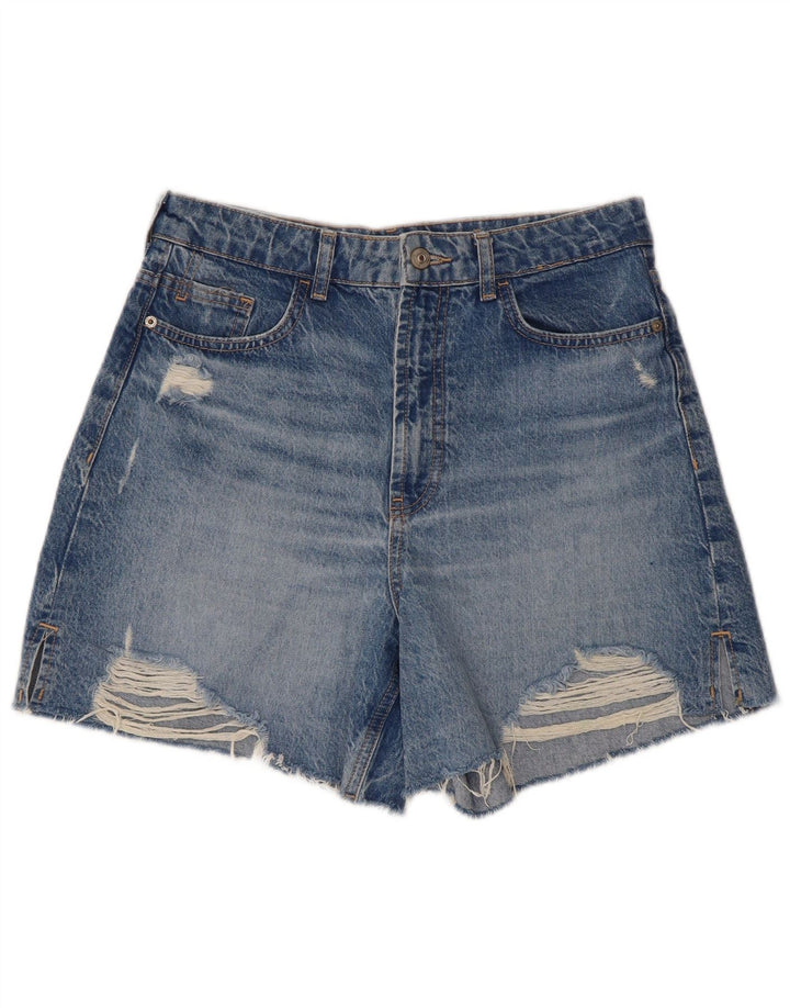 Zara Shorts jeans feminino de cintura alta desgastado W30 azul médio