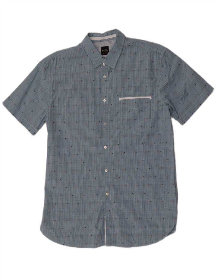 Camisa masculina de manga curta Hugo Boss algodão xadrez azul médio