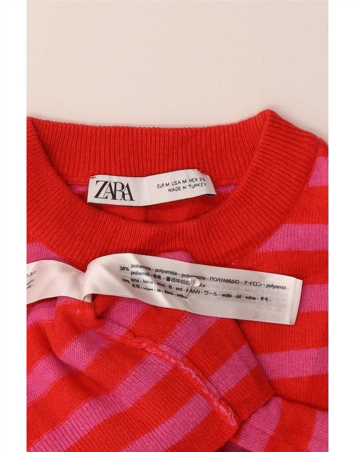Zara Suéter feminino com gola redonda e gola redonda, poliamida listrada vermelha média, Reino Unido 14