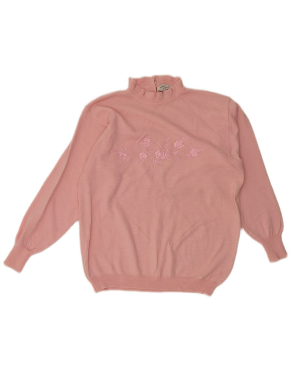 Suéter feminino vintage com gola tartaruga Reino Unido 12 médio rosa floral retrô