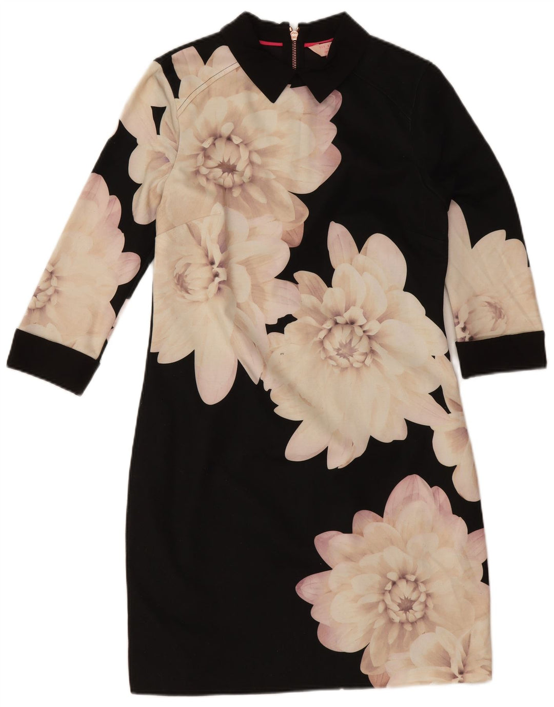 Vestido feminino Ted Baker manga 3/4 com bainha tamanho 3 médio preto floral