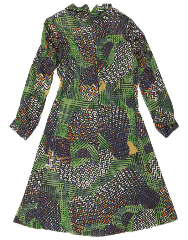 Vestido vintage feminino manga comprida linha A UK 14 patchwork verde médio