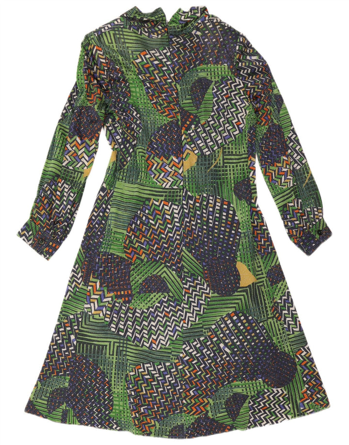Vestido vintage feminino manga comprida linha A UK 14 patchwork verde médio