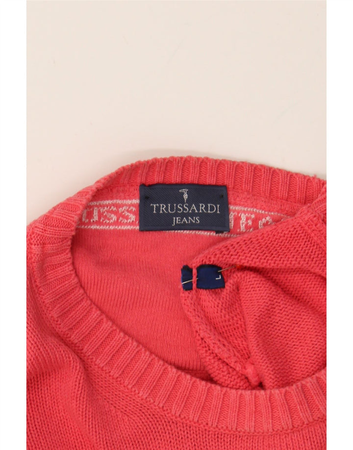 TRUSSARDI JEANS Mens Crew Neck Jumper Sweater Large Pink Cotton Vintage Trussardi Jeans and Second-Hand Trussardi Jeans from Messina Hembry 