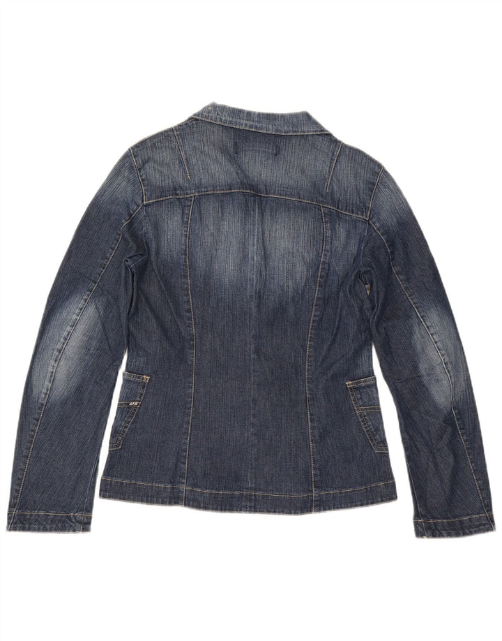 Jaqueta blazer jeans feminina com 3 botões Gas UK 14 grande algodão azul