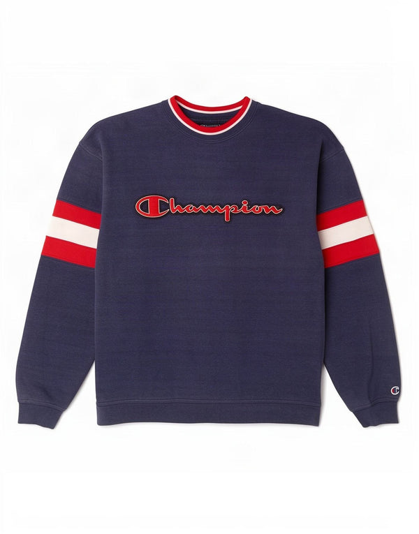 Champion moletom gráfico masculino jumper médio azul marinho algodão colorblock