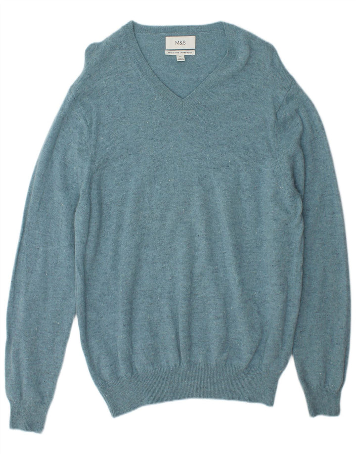 Suéter masculino Marks & Spencer com decote em V XL lã de cordeiro manchada azul