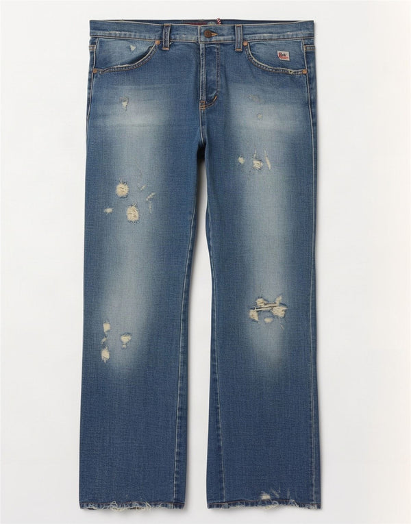 Calça jeans feminina Roy Rogers desgastada com bootcut W34 L32 algodão azul