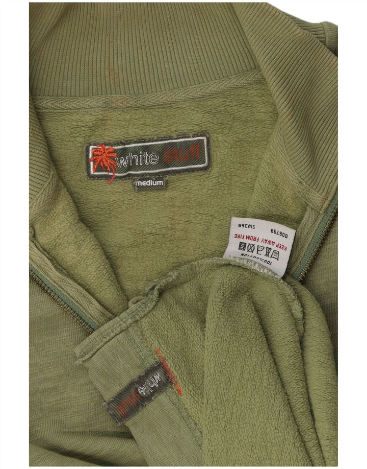 Moletom masculino com zíper e gola branca material branco algodão manchado verde médio